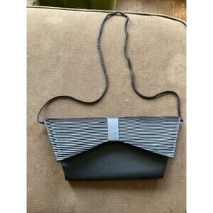 Carla Marchi Womens Clutch Evening Bag Black Satin Pleated Bow Snap Cord Strap